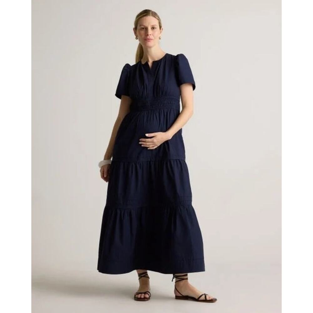 NWT Quince 100% Organic Cotton Poplin Maternity Tiered Maxi Dress Navy L